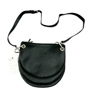 Tic Tac Toe Black Half Moon Versitile Leather Crossbody Bag With Gold Hardware